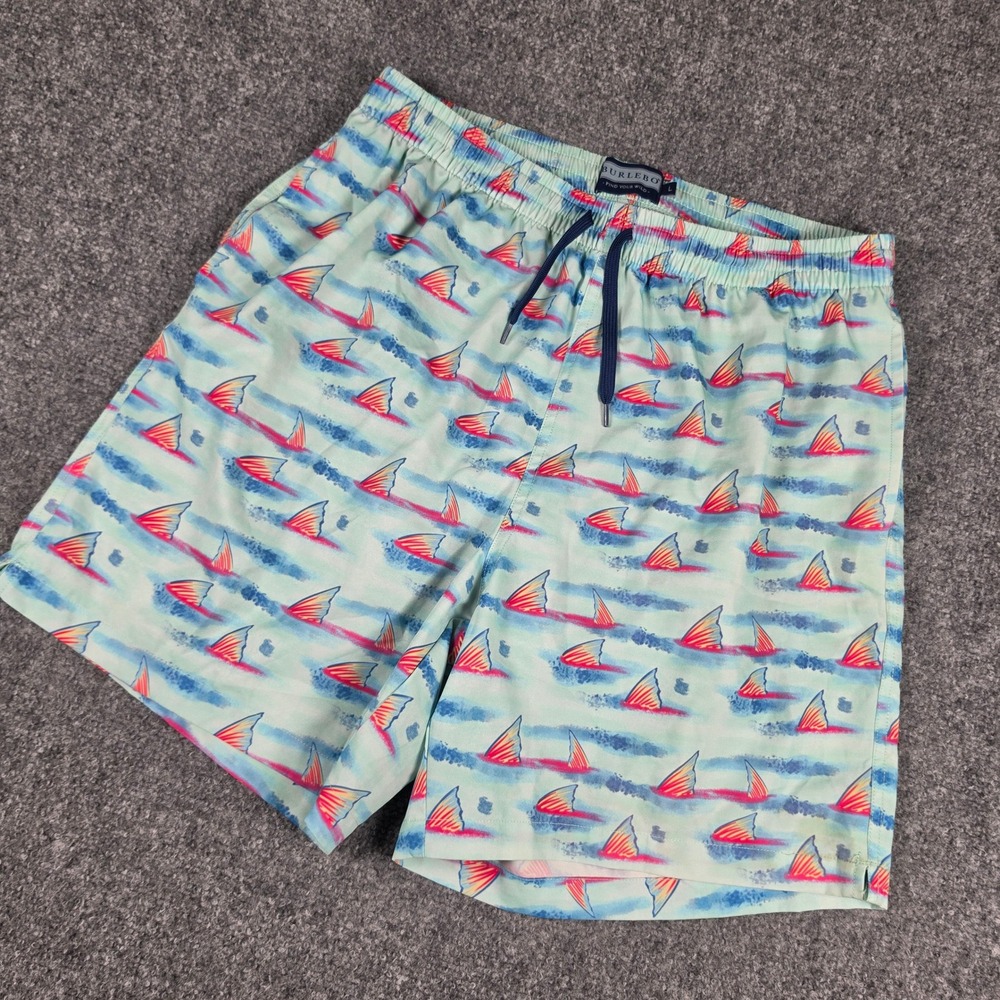 Burlebo Swim Trunks Mens L Blue Shark Fin Print Mesh Lined 6" Inseam